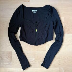Forever 21 Black Corset Style Zip-Up Crop Long Sleeve Top